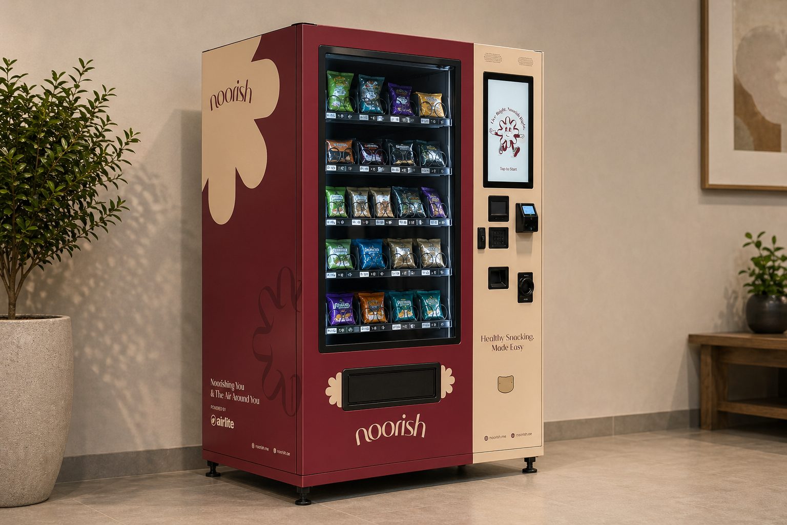 The Noorish machine: a burgundy cabinet with a tan flower, a lit glass front and a tan side tower with a touchscreen